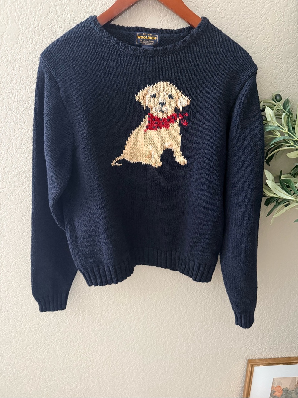 Vintage Woolrich Dog Intarsia Sweater Navy Cotton Made in Japan M